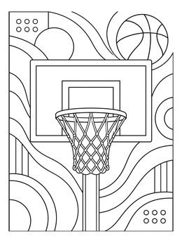A basketball hoop coloring page featuring a backboard, net, and geometric wave patterns.