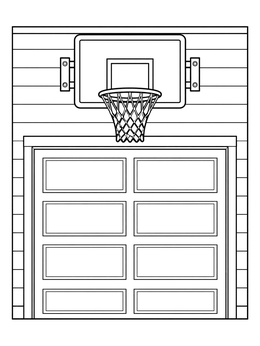 A basketball hoop coloring page mounted over a paneled garage door on a house.