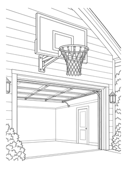A wall-mounted basketball hoop coloring page above an open driveway garage.