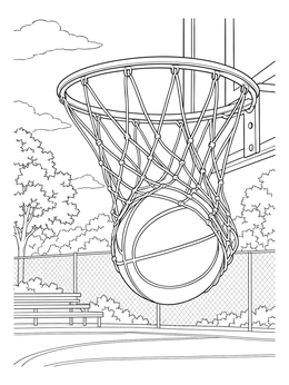 A ball swishing down the net on this basketball hoop coloring page with court details.