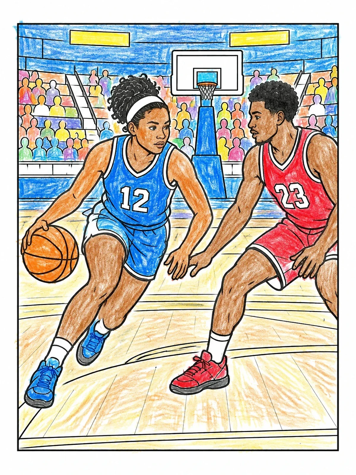 Colored example of the Basketball Duel On The Court coloring page