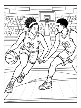 Two athletes face off on a dynamic basketball player coloring page inside an arena.