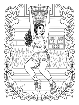 A female player scores in this detailed basketball hoop coloring page surrounded by cheering fans.