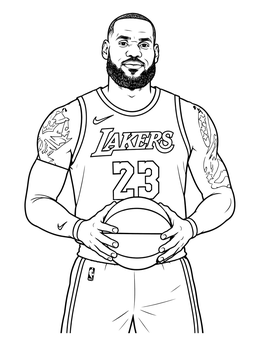 A basketball player coloring page showing a portrait of a smiling athlete holding a basketball in uniform.