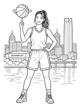 A basketball player spins a ball on her finger in this Oklahoma coloring page.