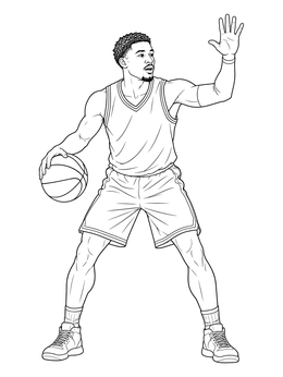 A realistic basketball player coloring page showing a point guard dribbling while raising his hand to call a play.