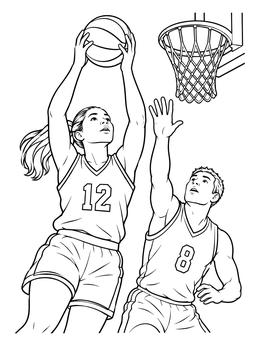 A dynamic basketball player coloring page showing two athletes competing for a rebound near the net.
