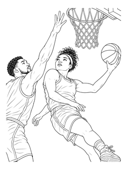 A dynamic basketball player coloring page showing a player driving to the basket past a defender.