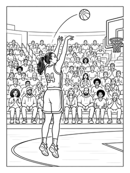 A female basketball player coloring page taking a three-point jump shot toward the hoop with fans in the arena stands.