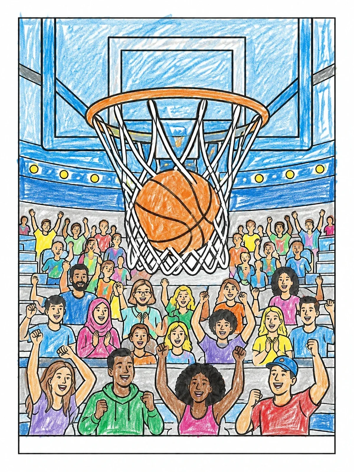 Colored example of the Basketball Swish In Packed Arena coloring page