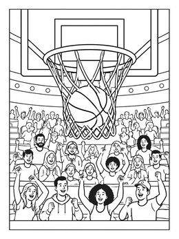 A basketball drops into the hoop on this exciting basketball court coloring page.