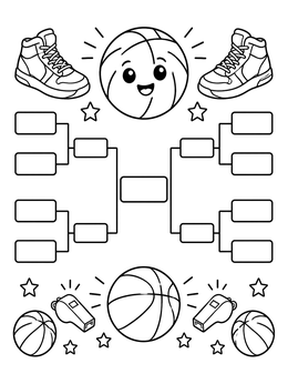 A cute march coloring page featuring a basketball tournament bracket, sneakers, whistles, and a smiling ball.