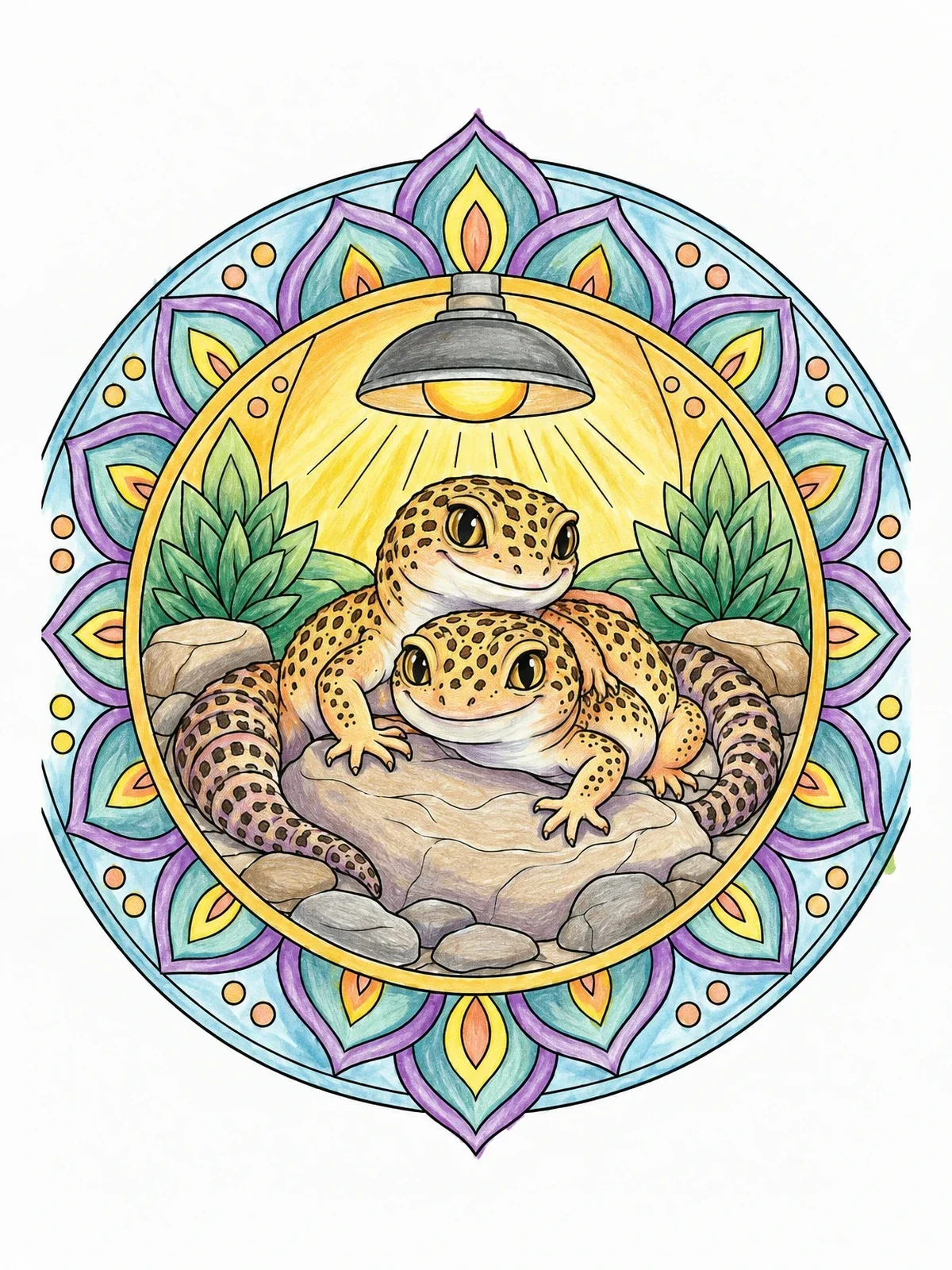Colored example of the Basking Leopard Geckos Mandala coloring page