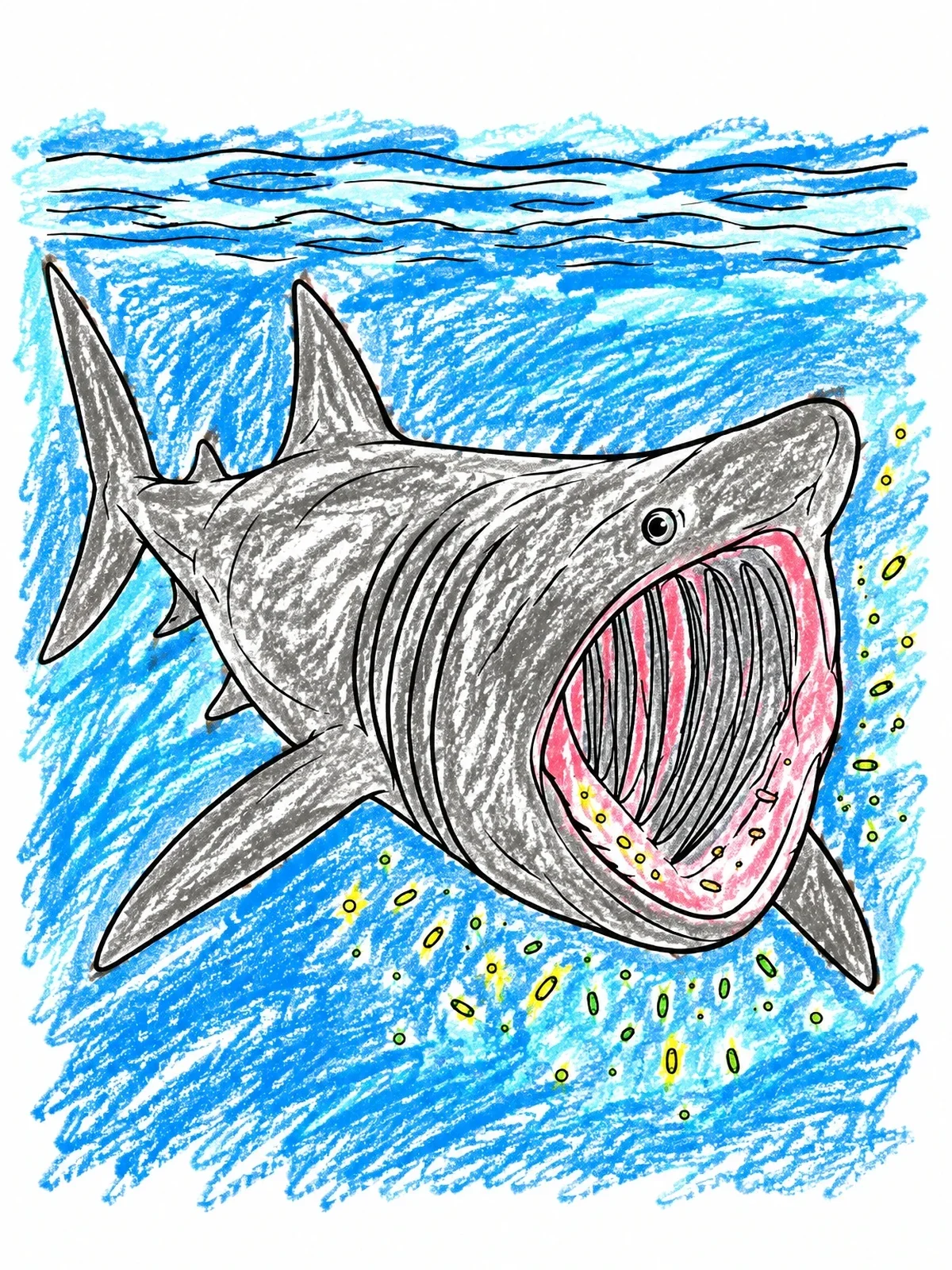 Colored example of the Basking Shark Filtering Plankton coloring page