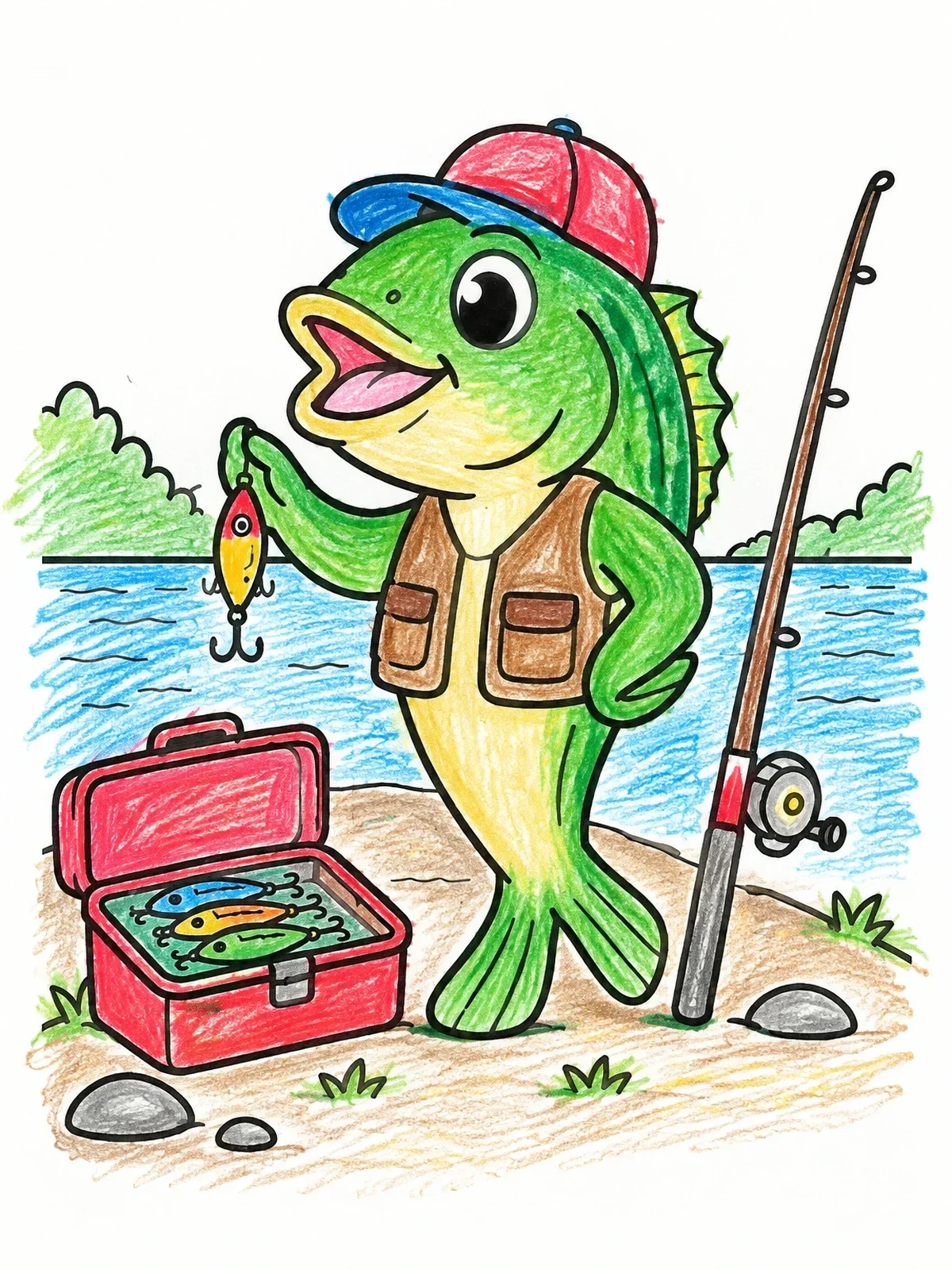 Colored example of the Bass Fisher On The Riverbank coloring page
