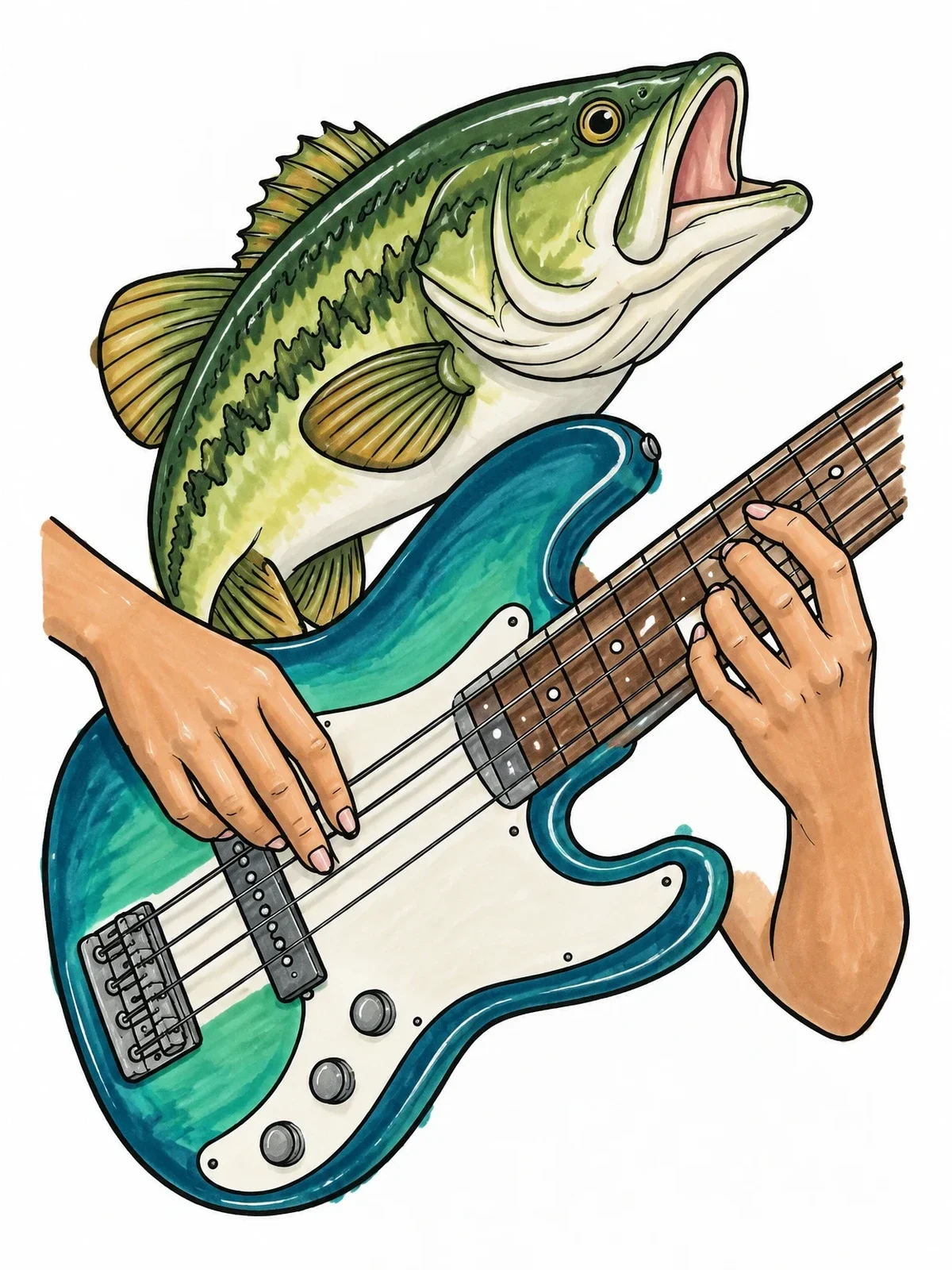Colored example of the Bass Fish And Bass Guitar coloring page