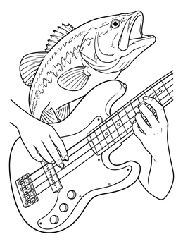 A largemouth bass fish leaping above hands playing an electric bass guitar in this bass coloring page.