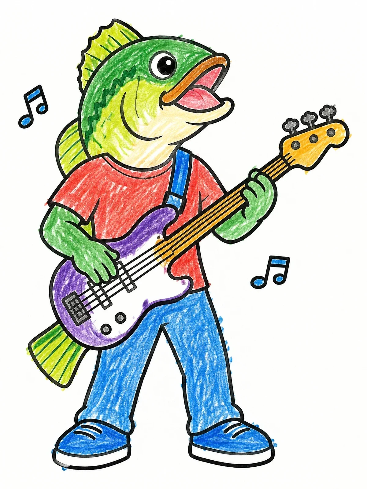Colored example of the Bass Fish Playing Bass Guitar coloring page