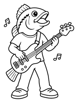 A cool cartoon bass fish plays music on this fun bass coloring page.