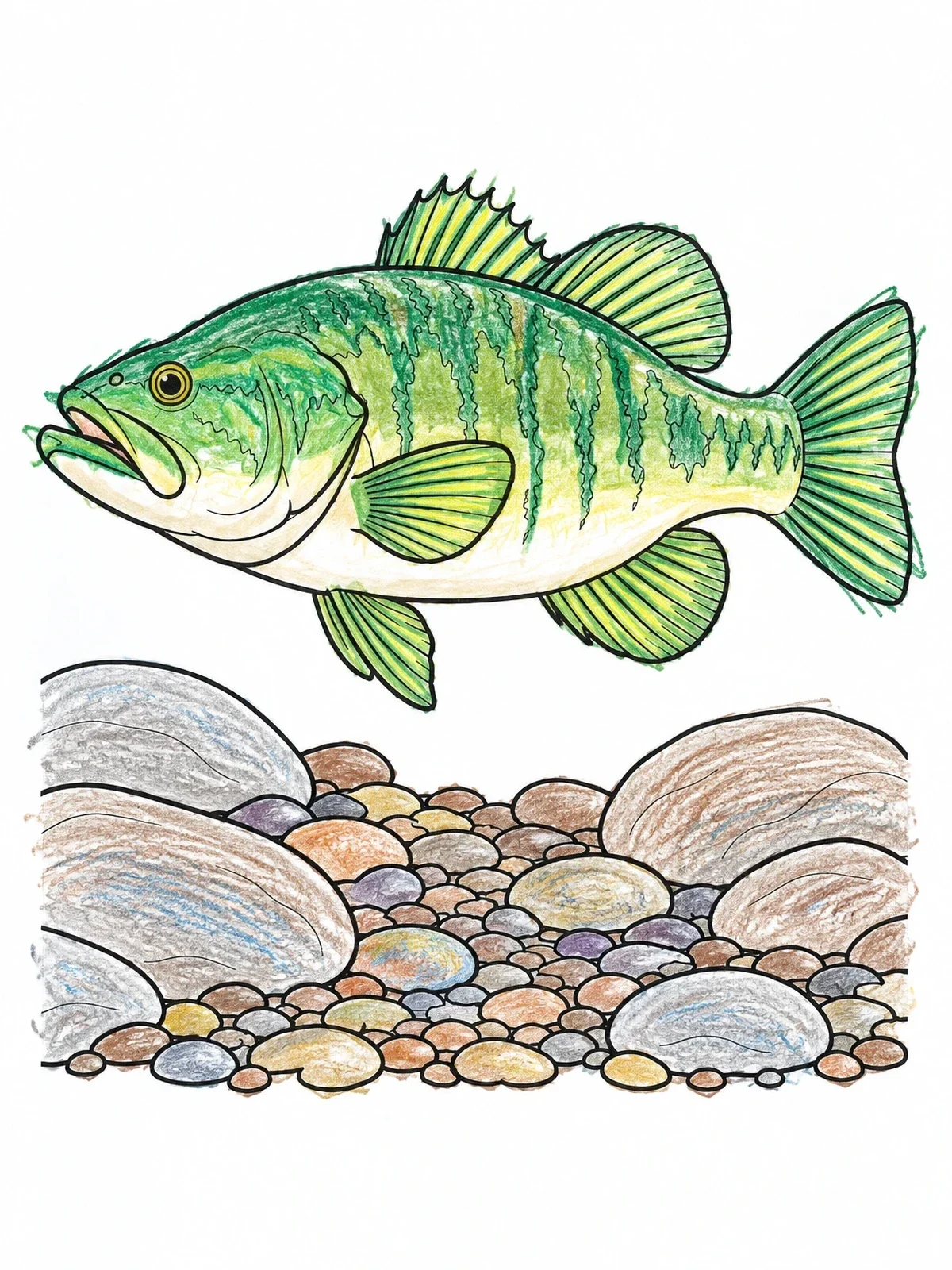 Colored example of the Bass Swimming Over Riverbed Stones coloring page