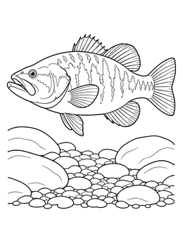 A detailed bass coloring page featuring a fish swimming over smooth river rocks.