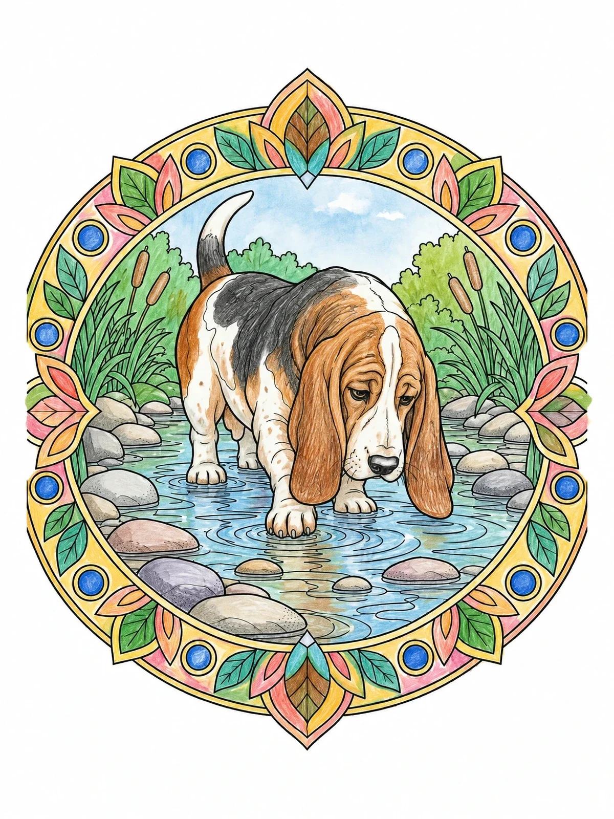 Colored example of the Basset Hound By The Creek coloring page