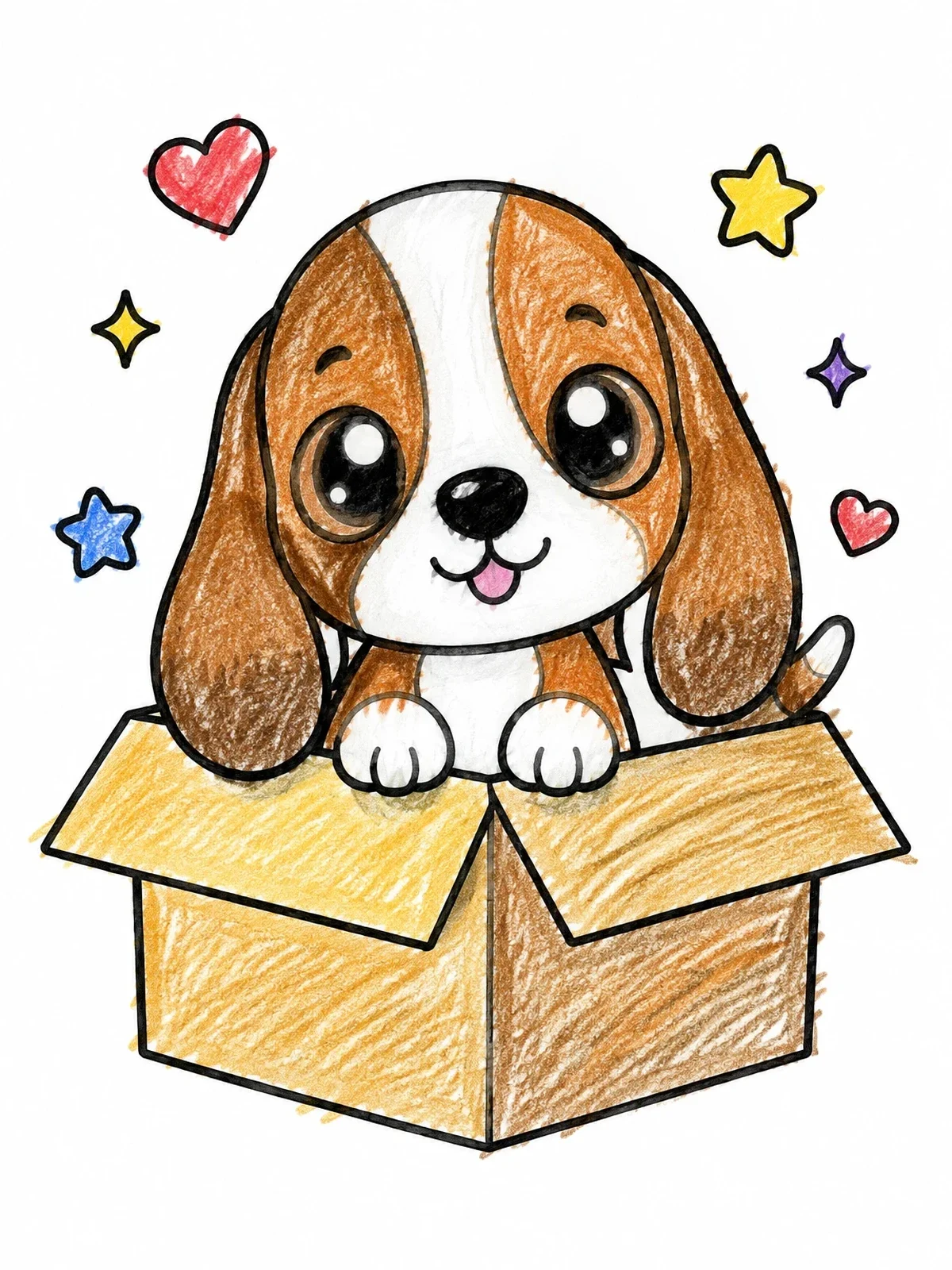 Colored example of the Cute Puppy In A Cardboard Box coloring page