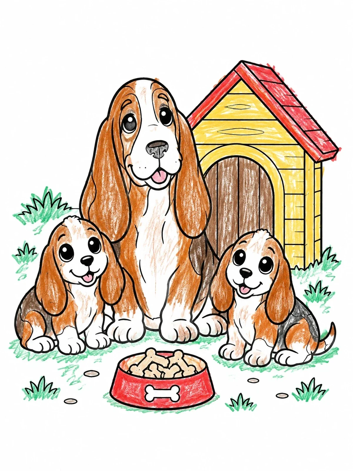 Colored example of the Basset Hound Family With Doghouse coloring page