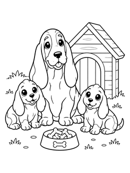 Free printable Basset Hound Family With Doghouse coloring page