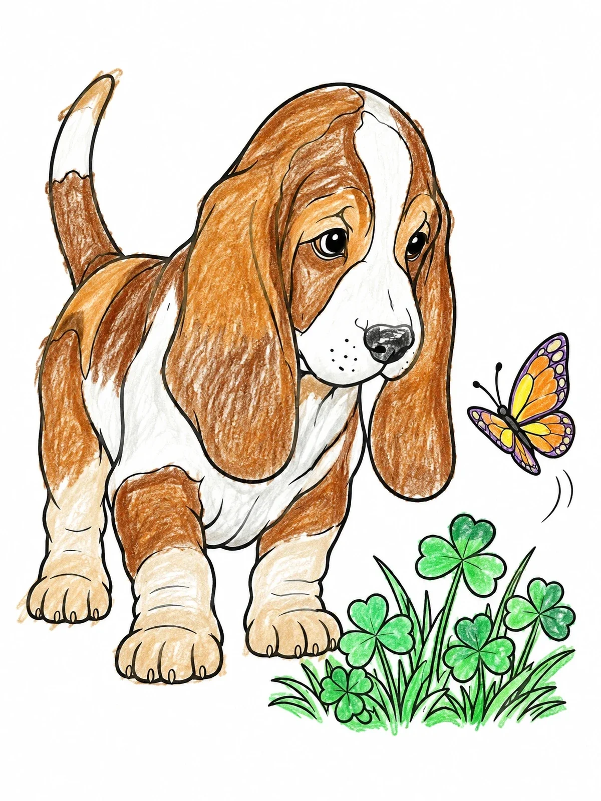 Colored example of the Curious Basset Hound Puppy And Butterfly coloring page