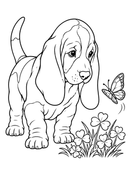 Free printable Curious Basset Hound Puppy And Butterfly coloring page