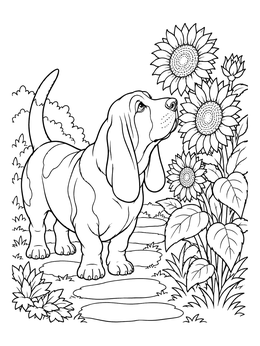 Free printable Basset Hound Sniffing Garden Sunflowers coloring page