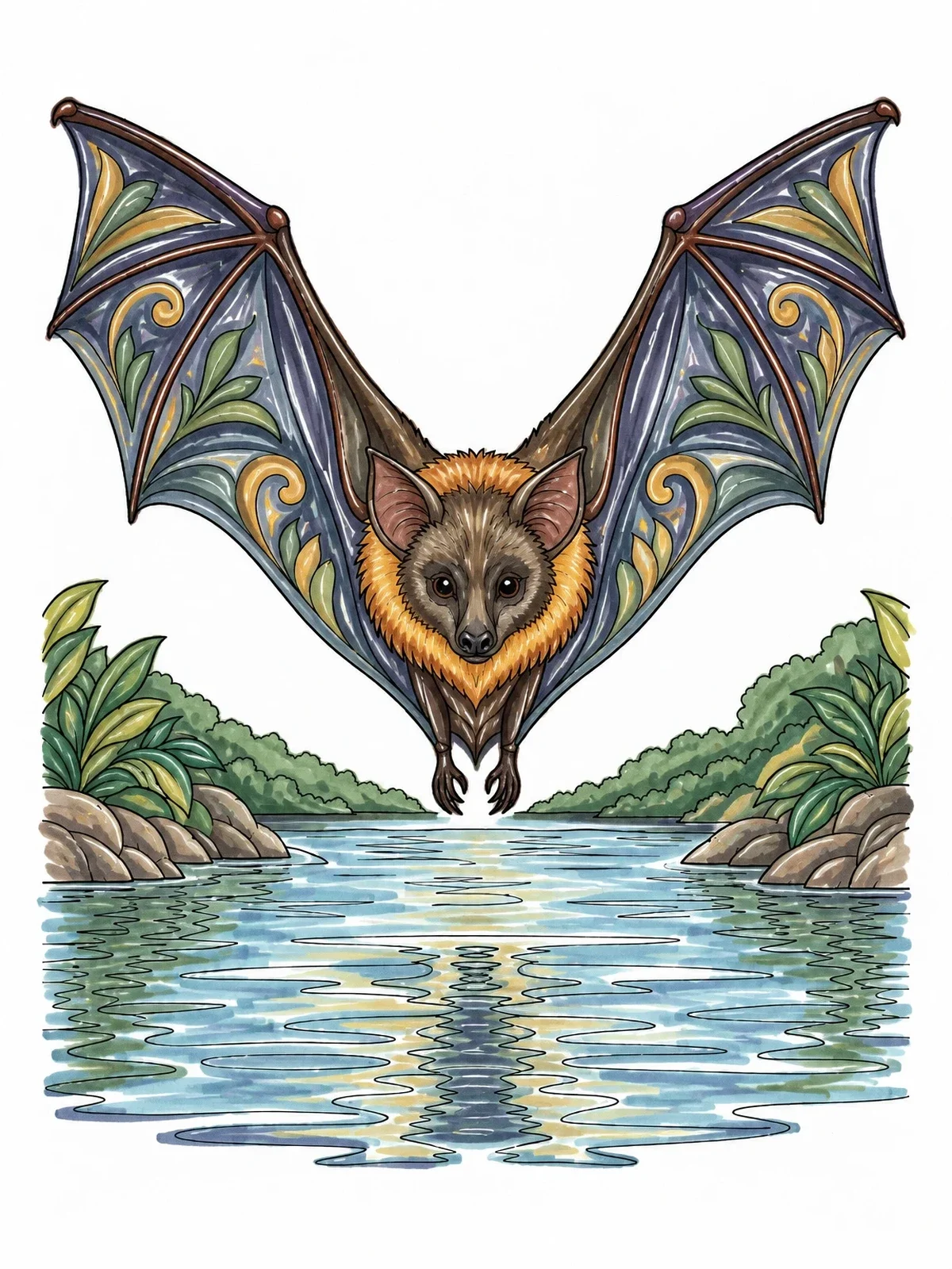 Colored example of the Flying Fox Gliding Over River coloring page