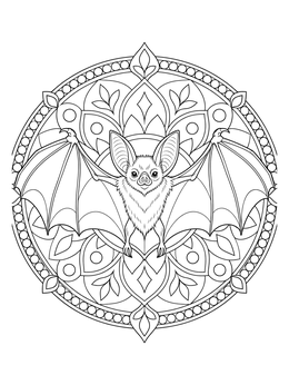 A detailed bat coloring page centered inside an ornate circular mandala pattern.
