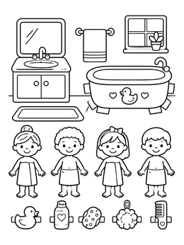 Children in towels with a bathtub and accessories on this paper doll coloring page.
