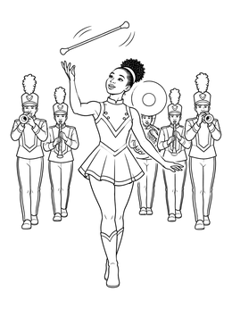 A majorette tosses a baton in this marching band coloring page with musicians marching behind her.