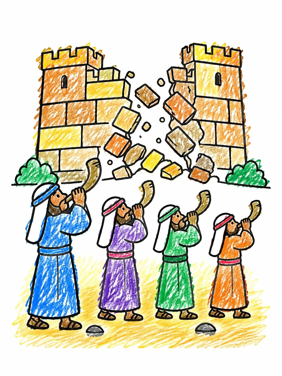 Colored example of the Walls Of Jericho Falling Down coloring page