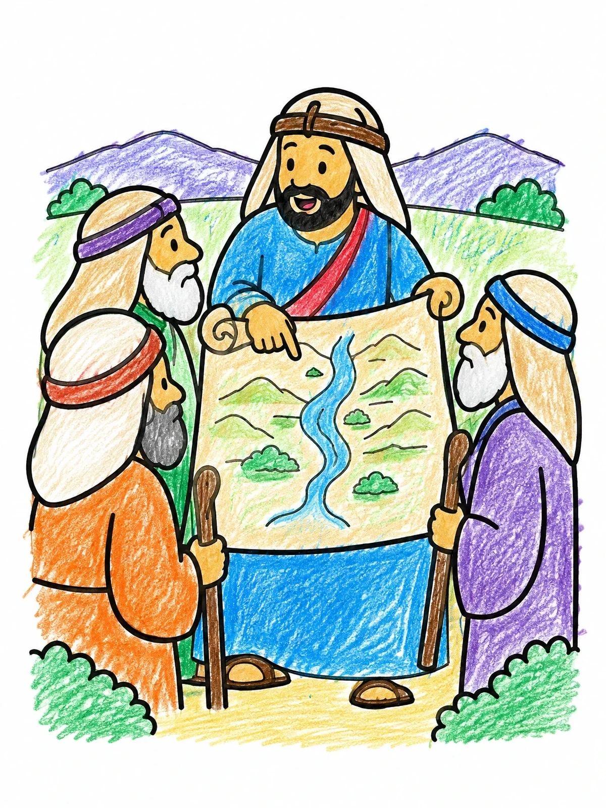 Colored example of the Joshua And Elders Examining Valley Map coloring page