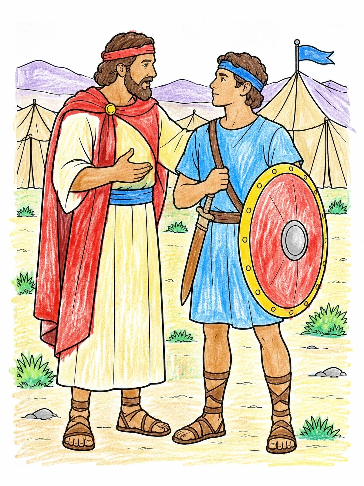 Colored example of the Joshua Encouraging A Young Warrior coloring page