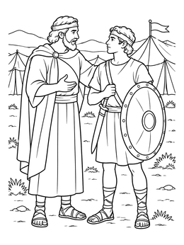 Joshua speaks to a young warrior outside camp in this battle of jericho coloring page.