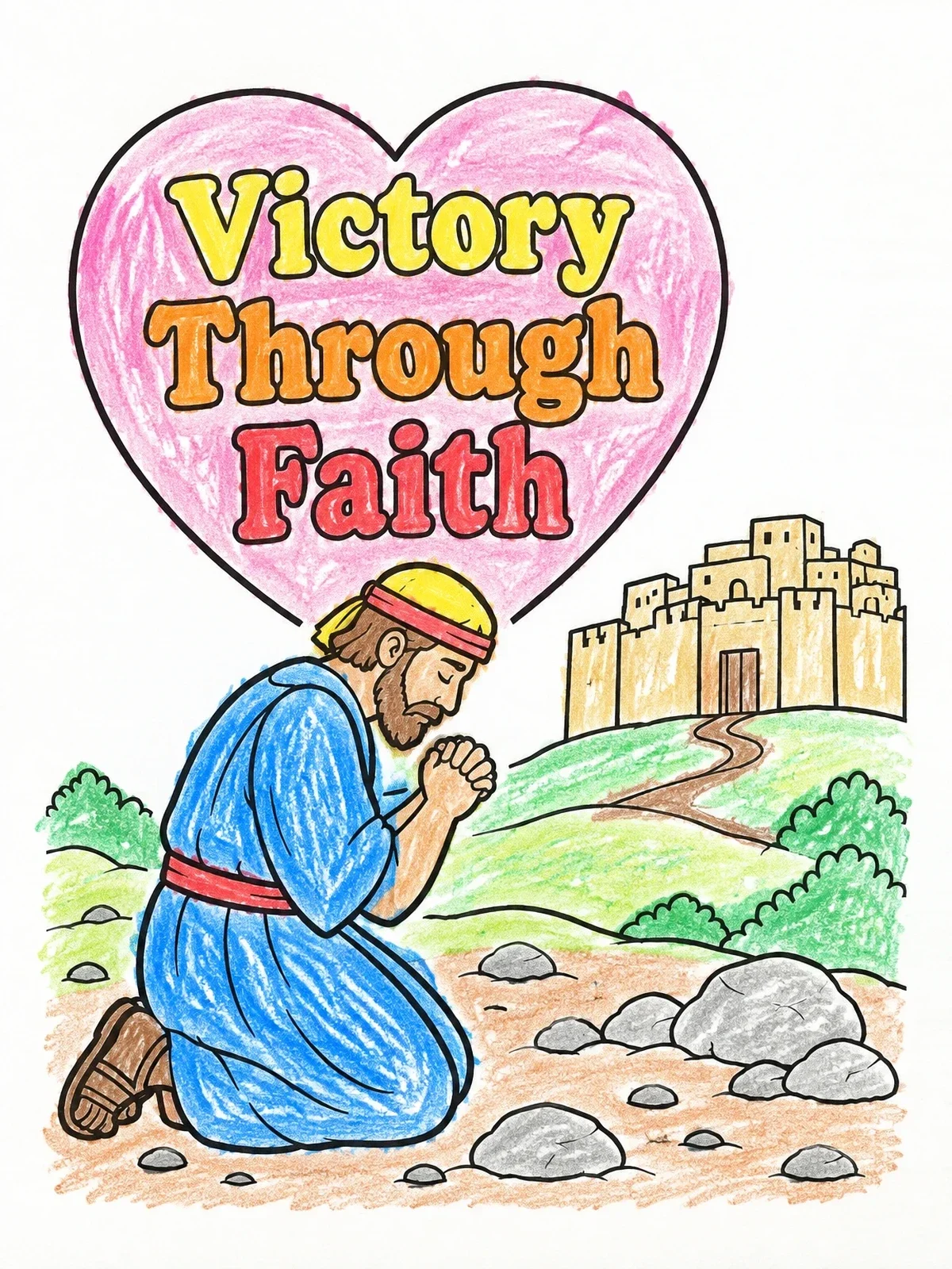 Colored example of the Joshua Kneeling In Prayer Before Jericho coloring page