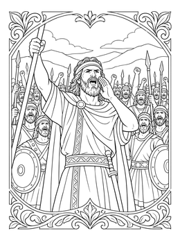 Joshua and his army shout loudly in this battle of jericho coloring page.