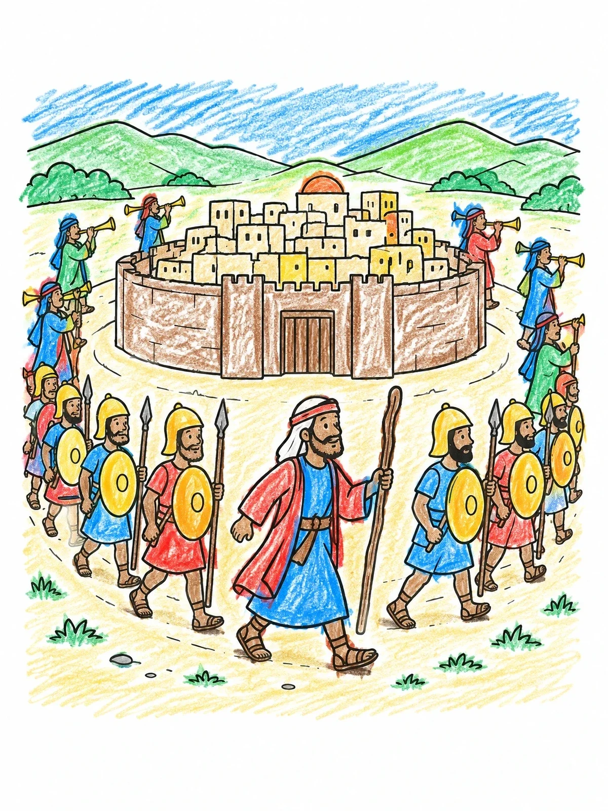 Colored example of the Joshua Marching Around Jericho coloring page