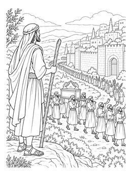Joshua watches the procession in this detailed battle of jericho coloring page.