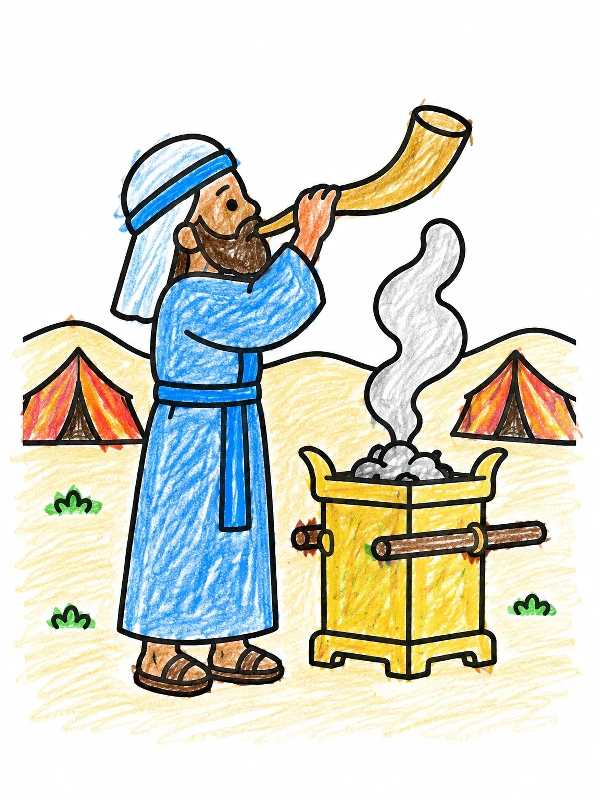 Colored example of the Priest Blowing Shofar At Camp Altar coloring page