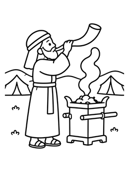 Free printable Priest Blowing Shofar At Camp Altar coloring page