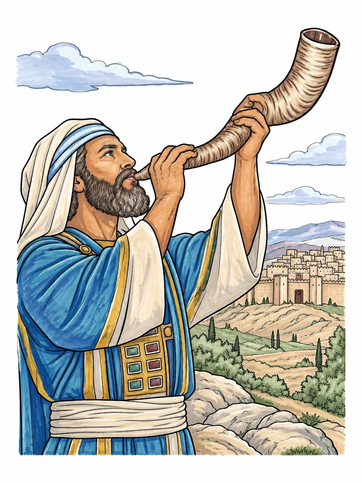 Colored example of the Priest Blowing Shofar At Jericho coloring page