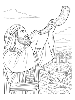 A battle of jericho coloring page showing an ancient priest blowing a shofar horn before the city.