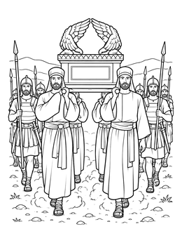 Priests and soldiers march in this battle of jericho coloring page.