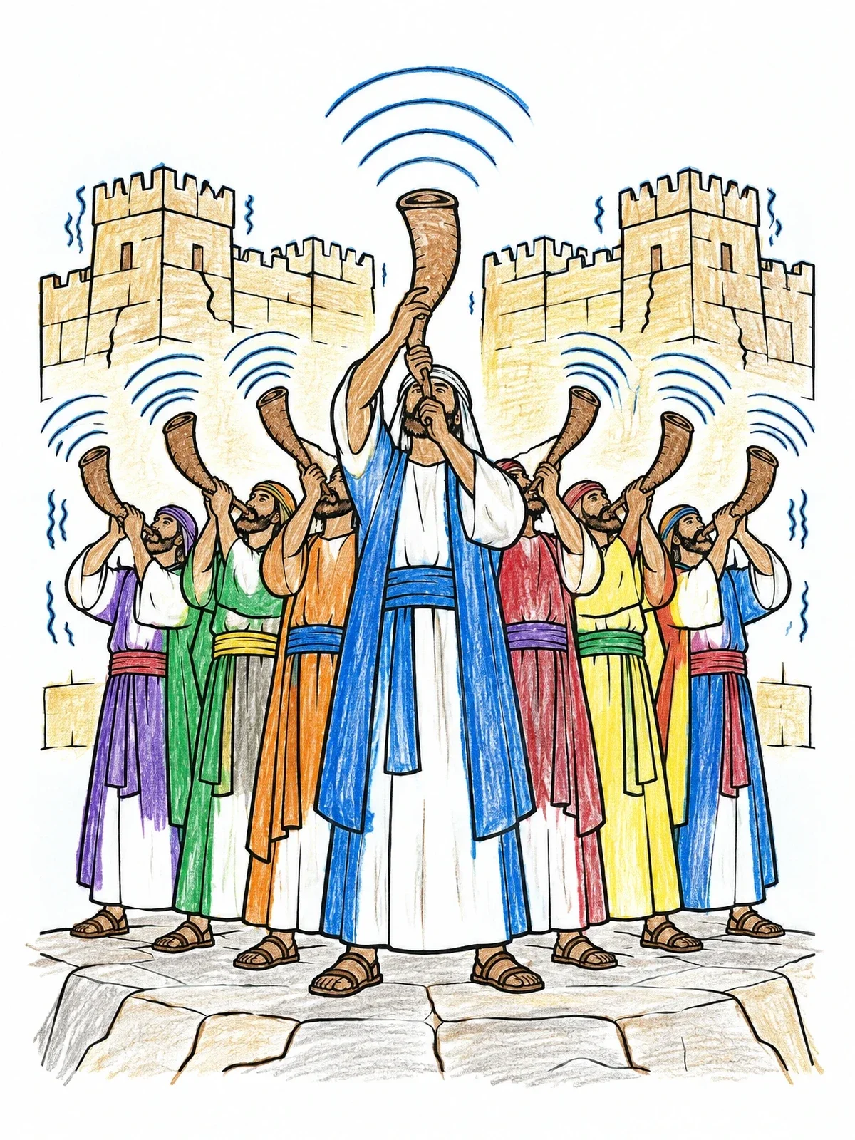 Colored example of the Seven Priests Sounding The Trumpets coloring page